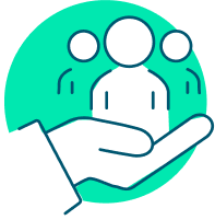 An open hand supporting three stylized figures, representing a patient assistance program.